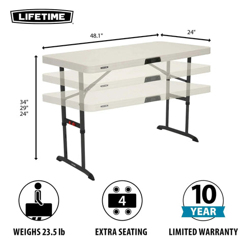 Commercial Adjustable Folding Table For Indoor And Outdoor Use 4 Foot Surface With Solid Seamless Top Height Settings Of 24 29 And 34 Inches Lightweight Durable HDPE Top With Powder Coated Steel Frame Almond with dimensions and features displayed