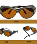 Front, side, and back views of Heavy Duty Laser Safety Glasses Five Piece Set Delivers Rock Solid Od5 Plus Shield Blocking Blue Violet And Infrared Rays Built Tough Top Shelf Unisex Eye Protection.