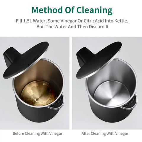 Before and after cleaning comparison of 1.7 Liter Electric Kettle With Double Wall Stainless Steel Interior, Fast 1200W Boil, Black.