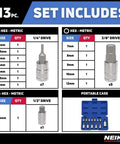 Pro Grade Boss Level Socket Set With Allen Wrenches And Torx Bits for SAE Metric sizes, drives 1/4 to 3/8 inch, includes case.