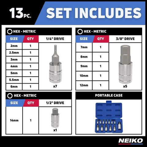 Pro Grade Boss Level Socket Set With Allen Wrenches And Torx Bits for SAE Metric sizes, drives 1/4 to 3/8 inch, includes case.