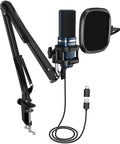 Solid Quality USB Computer Microphone For Podcasting Gaming And Streaming with adjustable arm and pop filter setup.