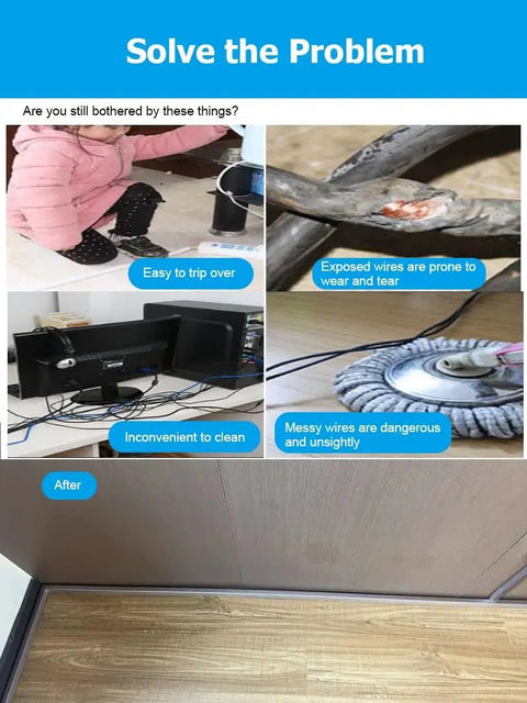 Image showing messy, exposed wires on the floor compared to organized floor after using Dope Self Adhesive Aluminum Cable Raceway 100 cm Gray Floor Cord Cover.