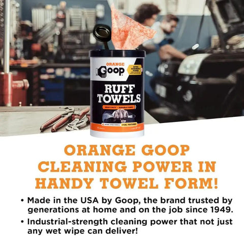 Orange Heavy Duty Ruff Towels With Scrubbing Power 10 By 12 Inches Dual Textured Multi Purpose Cleaning Wipes in automotive shop.