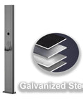 Built Tough As Nails Waterproof EV Charger Holder Cast From Rust Resistant Galvanized Steel, vertical gray holder with steel layering detail.