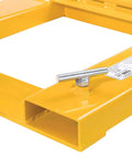 Close-up of 1500 Lb Capacity Single Fork Mounted Drum Gripper with lock screw and yellow hinged folding arm.