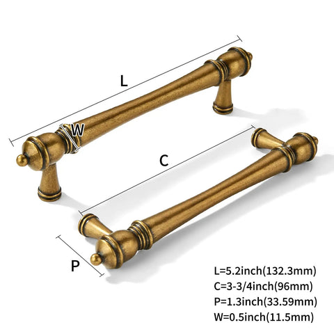 Top Shelf Vintage Antique Brass Cabinet Pulls Three And Three Quarter Inch Centers solid metal drawer handles with measurements shown.