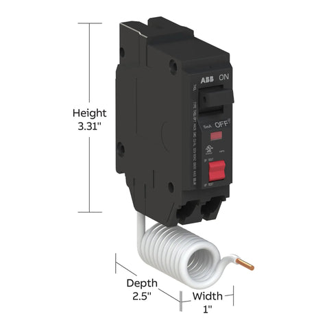 Built Tough 20 Amp Single Pole GFCI Circuit Breaker With Plug On Pigtail Wire, dimensions 3.31" height, 2.5" depth, 1" width.