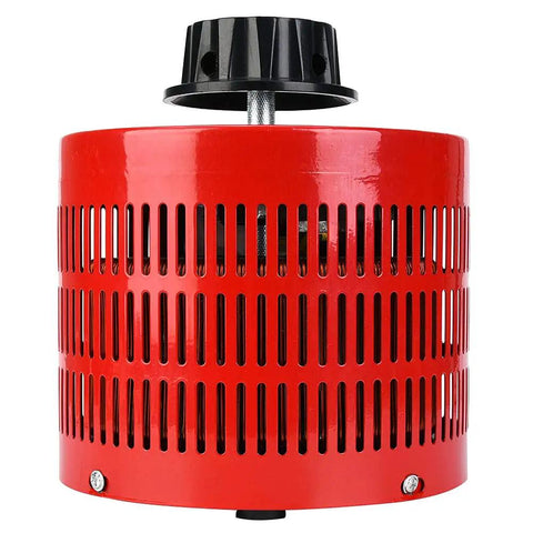 Top Shelf Single Phase Voltage Regulator Transformer With Smooth 0 To 130 Volt Adjustment And 20 Amp Capacity For Reliable 110V 60Hz Power Delivery and Built Tough Heavy Duty Performance For Home Projects Or Garage Workshops Using US Standard Plug - Red metal casing with ventilation holes.