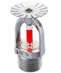 Heavy Duty Quick Response Pendent Fire Sprinkler Head One Half Inch Thread 155 Degree Melt Link with red glass indicator.