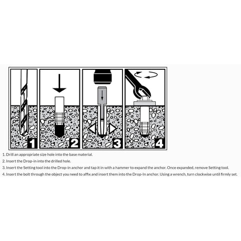 Installation steps for Eight Pack 3/8 Inch Premium Zinc Plated Carbon Steel Knurled Drop In Anchors in concrete