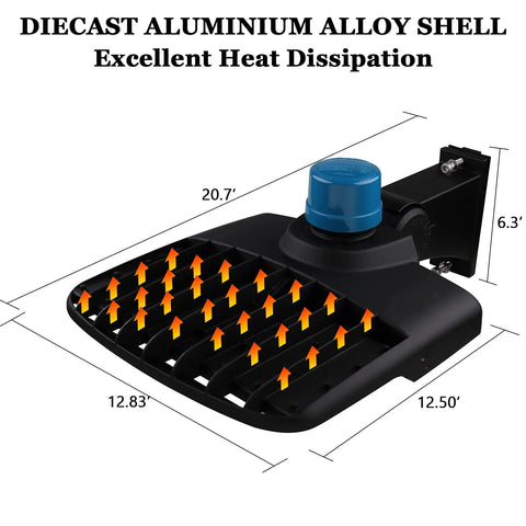 150W LED Parking Lot Light 21000 Lumens 5700K Daylight White with diecast aluminum shell and photocell, dimensions labeled