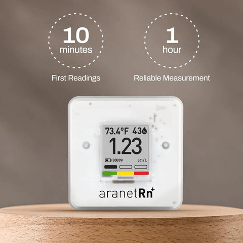 Portable Home Radon Detector With 10 Minute Readings, displaying radon level, temperature, humidity, E Ink display, on brown stand.
