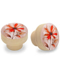 Kickass Red Floral Wooden Cabinet Knobs Solid Beech Drawer Handles One Point Four Inch Round Kitchen Cupboard Pulls Modern Hardware, two red floral designs on wood.
