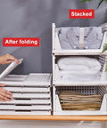 Five Pack Stackable Closet Storage Boxes With Lids, showing folded and stacked boxes, durable plastic for clothes and accessories