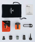 Tiny But Mighty Portable Air Pump For Inflatables With 2600mAh Battery And Camping Light, shown with accessories and packaging
