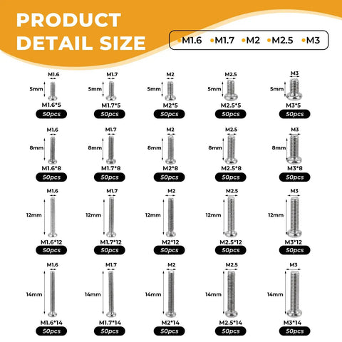 1000 Piece Rust Resistant Carbon Steel Mini Screw Kit With Phillips Pan Heads For Electronics Repair And Gadget Fixes M1.6 To M3 size chart.
