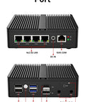 Heavy Duty Fanless Mini PC With Intel J6412 Chip And Quad 2.5G Lan Ports Plus Sim Card Slot back and front view showing multiple ports.