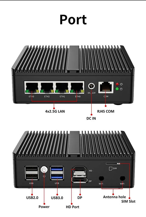 Heavy Duty Fanless Mini PC With Intel J6412 Chip And Quad 2.5G Lan Ports Plus Sim Card Slot back and front view showing multiple ports.
