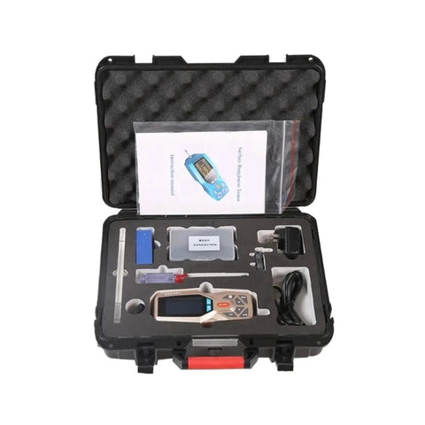 Top Shelf Portable Digital Surface Roughness Tester Heavy Duty Metal Smoothness Gauge kit inside a protective case.