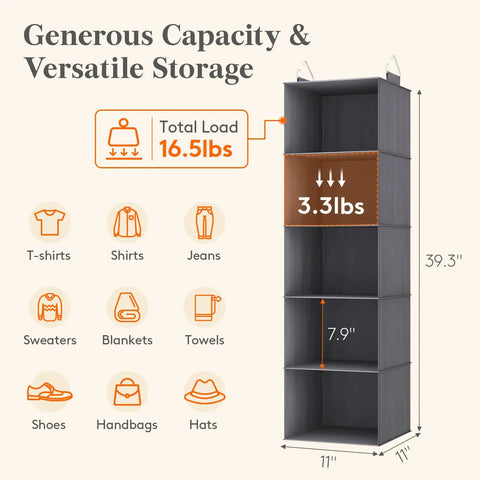 Big Time Heavy Duty Hanging Closet Rack With Five Roomy Compartments For Tees Jeans And Towels Dang Sturdy Beige Build 3 Pack dimensions and storage details.