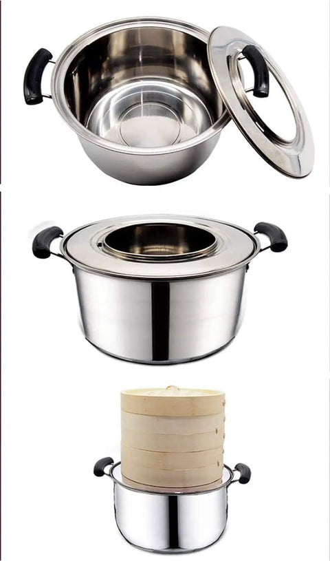 Kitchen Game Changer Handcrafted Wooden Steamer Set with Two Layers in stainless steel pot, featuring a lid, size 21 cm.