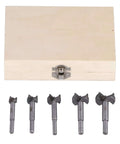 5-piece hinge hole drill bit set with wooden storage box; metal drill guide bits.