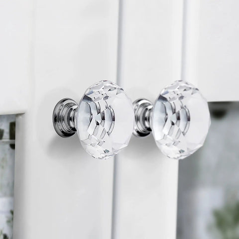 Crystal Glass Drawer Knobs 25 Pack Diamond Shaped 30mm with Silver Base for Cabinets and Furniture, Durable Zinc and Glass Hardware Upgrade for Kitchen, Bathroom, and Home Decor, close-up view