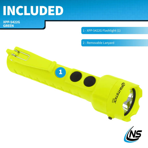 Intrinsically Safe Permissible Dual-Light Flashlight With 160 Lumen Beam And 130 Lumen Flood, green, polymer, top view.