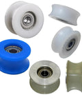 Silent Glide Glass Door Roller Pulley Block Polyurethane Nylon Hardware with different colored rollers for automatic operation.