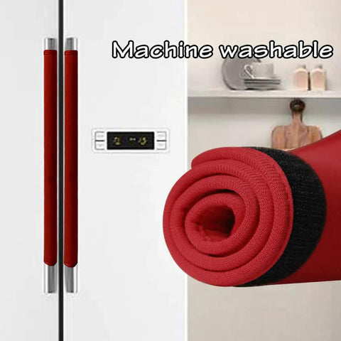 Slick Red Neoprene Fridge Door Handle Covers 4 Pack Soft Cushioned Kitchen Appliance Protectors on a refrigerator's handles.