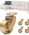 Universal Antique Brass Stem Casters Four Pack showcasing one caster and a modern sectional sofa, ideal for living room furniture.