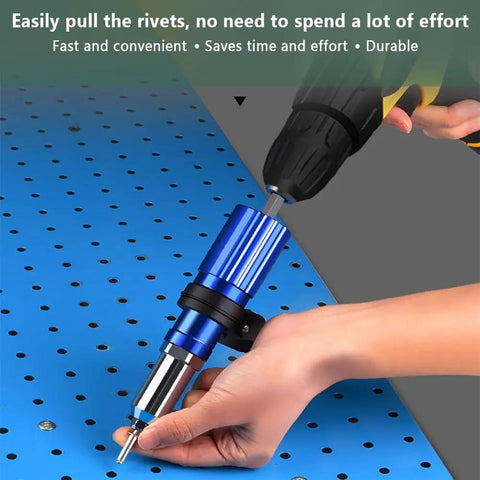 Heavy Duty Rivet Gun Adapter Kit For Cordless Drill With Removable Handle And 100 Piece 4.0 mm Pop Rivet Set in use on blue metal surface.