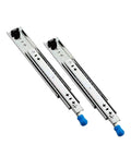 Badass Full Extension Drawer Slides With Secure Locking Latch in shiny steel, side mount design, handle for smooth installation.