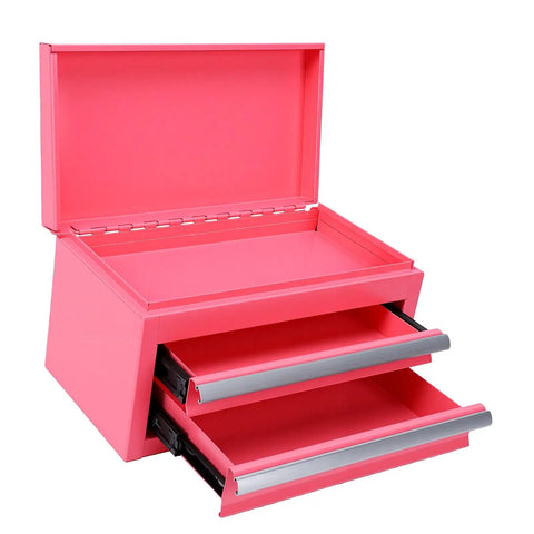 Pink Mini Toolbox Featuring Two Smooth Pullout Drawers And Heavy Duty Iron Frame Compact Portable Gear Case Rig Ready For Job Sites Craft Tables And Mobile Workshop Hella Tough, open view with interior.