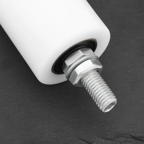 Close-up of Heavy Duty Sliding Door Guide Rollers With Reinforced Nylon Bearing Wheels And M12 Mounting Bolts showing nylon wheel and bolt.