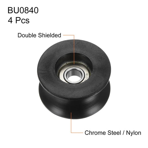 Four Pack U Groove Roller Wheels Featuring Slick Eight Millimeter Bore Bearings For Hassle Free Track Systems Providing Top Notch Motion Control And Dead Smooth Door Glides, black roller wheel in close-up view.