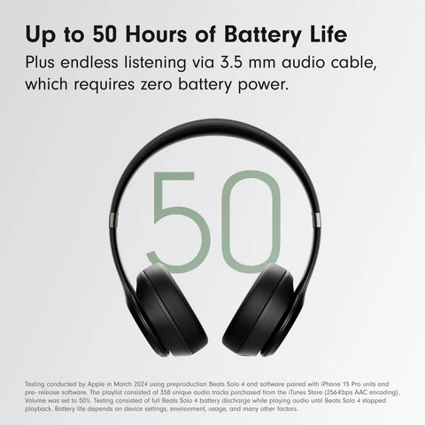 Solo 4 Wireless Bluetooth On-Ear Headphones Serving Serious Heat And 50-Hour Battery Life For Your Daily Ride Built With Ultra Lightweight Flex-Grip Cushions And Immersive Spatial Audio Technology In Matte Black against a white background with '50' displayed.