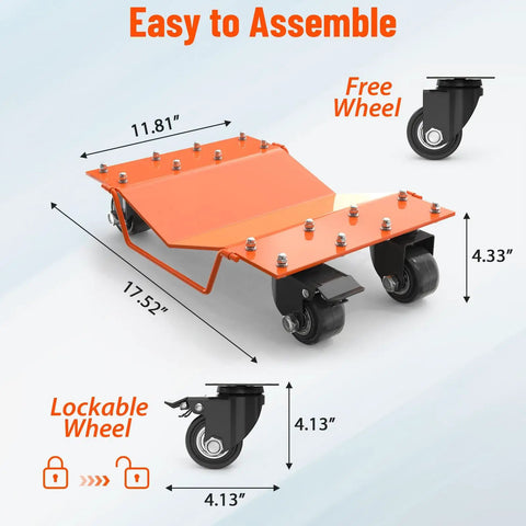 Rugged Heavy Duty Car Wheel Dolly Set, 8000 Lbs Tire Moving Dollies Forged From Rust Resistant Steel, Set Of 4 Slick Garage Rollers For No Hassle Vehicle Relocation, Orange dimensions with wheels