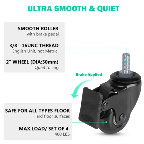 Close-up of two inch swivel caster wheel with brake pedal and 3/8-16 UNC threaded stem for carts, part of a four pack with lock nuts.