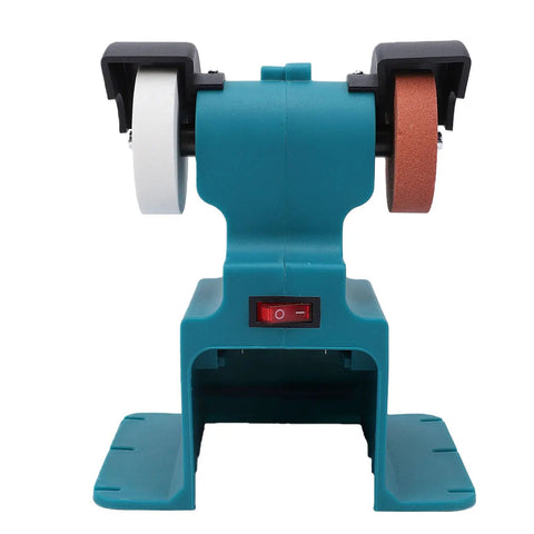 Heavy Duty Mini Bench Grinder And Buffer Polisher Featuring Secure Six Hole Mounting Base For 18V Battery Powered Workshop Rigs front view with white and red grinding wheels.