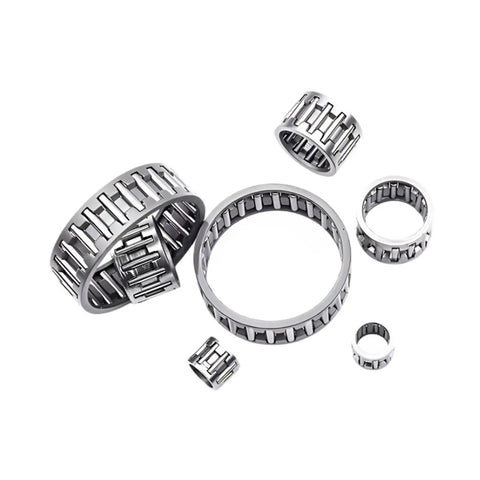 Heavy Duty K Series Needle Roller Bearings With Slick Radial Cage Pre Greased For Zero Drag Rotation And Extended Run Life In Hydraulic Cylinders Just Pick Five Or Ten Bearing Pack, set of various sizes displayed.