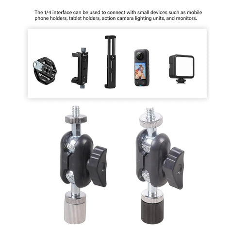 Premium Aluminum Alloy Miniature Ball Head With 1/4 Inch Female To Female Connector Offering 360 Degree Rotation and Super Smooth Swivel.