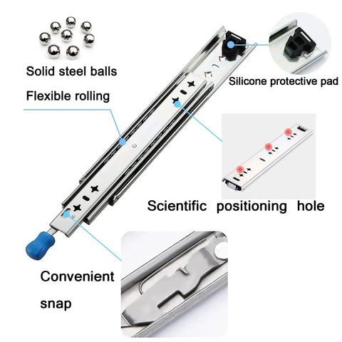 Two Pack Three Fold Drawer Slides With Full Extension Ball Bearing Glides showing steel balls, silicone pad, and scientific hole.