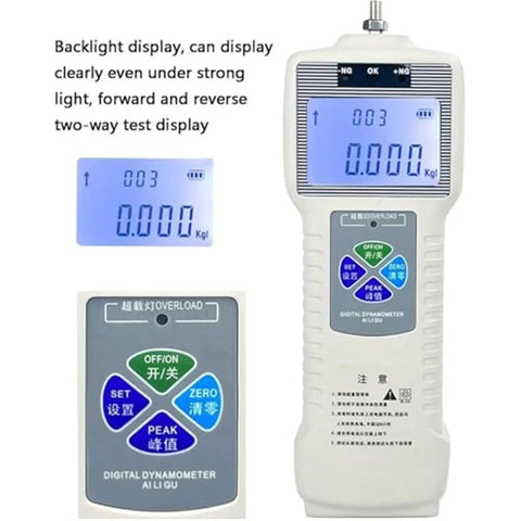 Slick Operation Electric Tensile Tester With Four Hundred Fifty Millimeter Stroke Digital Force Gauge dual clamps and probes display.