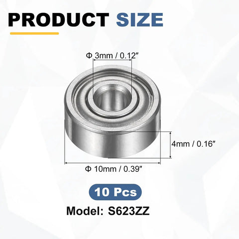 10 Pack S623ZZ Deep Groove Ball Bearings 3X10X4MM 440 Stainless Steel Grease Monkey Certified Rust Proof Heavy Duty High Performance Shop Floor Replacement Parts model size diagram with dimensions