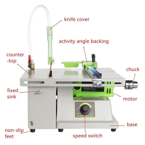 Professional Gem Faceting Machine Designed For Jade Stone Cutting Plus Jewelry Angle Polishing 500 Through 7000 RPM Integrated Precision Lapidary Grinding Workstation close-up of features.
