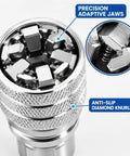Adjustable Universal Socket Wrench For 38 Inch Drive Ratchet And Torque Adapter Three Piece Set showing precision adaptive jaws and diamond knurling.