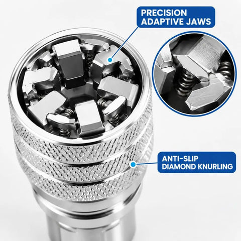 Adjustable Universal Socket Wrench For 38 Inch Drive Ratchet And Torque Adapter Three Piece Set showing precision adaptive jaws and diamond knurling.