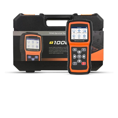 Pro Grade OBD2 Code Reader And Diag Tool With TPMS Learn Tool For Cars Trucks Vans Straight Plug In Scan Wrench with case and screen view.